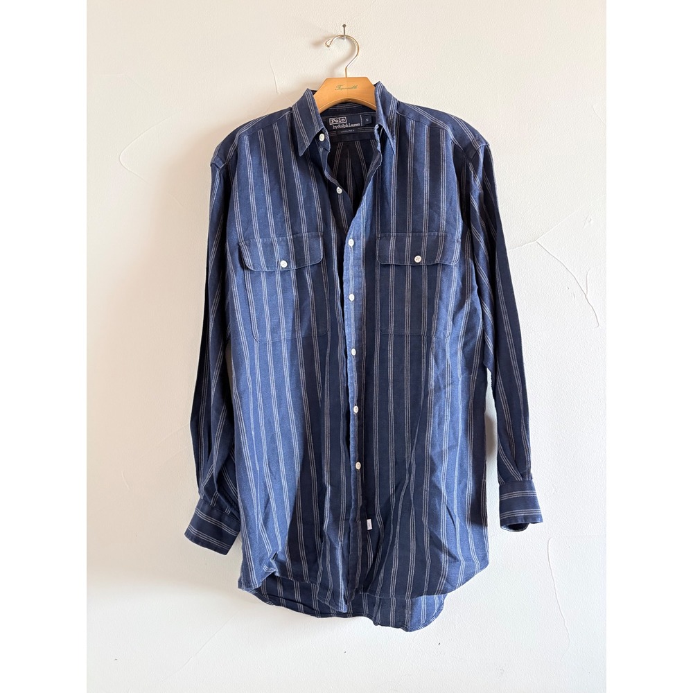 Polo Ralph Lauren‎ Blue Striped 100% Linen Button Down Shirt Front Pockets Small